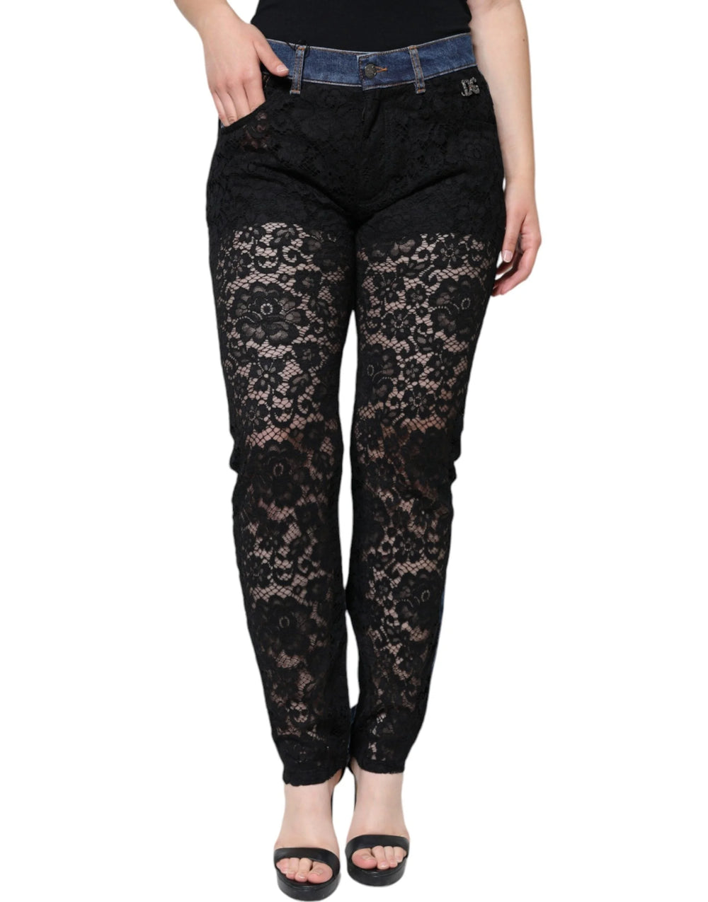 Dolce & Gabbana Black Floral Lace Front Skinny Denim Jeans - IT44 | L - Jeans