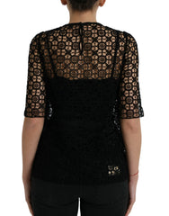 Dolce & Gabbana Black Floral Lace Short Sleeves Blouse Top - IT38 | XS - Blouses