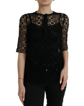 Dolce & Gabbana Black Floral Lace Short Sleeves Blouse Top - IT38 | XS - Blouses