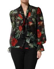 Dolce & Gabbana Black Floral Long Sleeves Silk Blouse Top - IT36|XXS