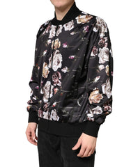 Dolce & Gabbana Black Floral Polyester Full Zip Bomber Jacket
