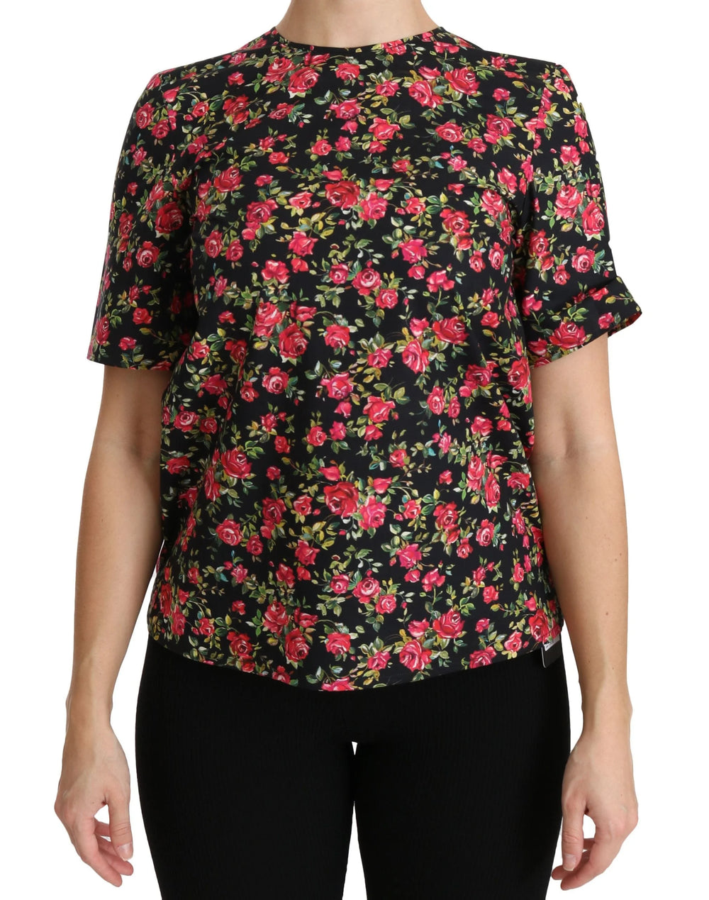 Dolce & Gabbana Black Floral Roses Short Sleeve Top Blouse - IT38|XS - Blouses