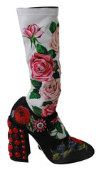 Dolce & Gabbana Black Floral Socks Crystal Jersey Boots Shoes - EU38/US7.5
