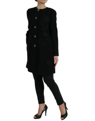 Dolce & Gabbana Black Floral Wool Button Embellished Jacket - IT38 | XS - Trench Coats