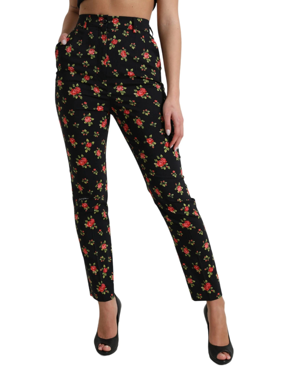 Dolce & Gabbana Black Floral Wool High Waist Tapered Pants - IT40|S - Trousers