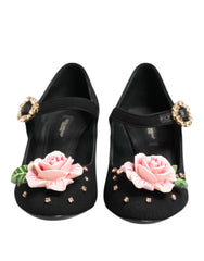 Dolce & Gabbana Black Flower Crystal Embellished Mary Jane Shoes - EU36/US5.5 - Heels