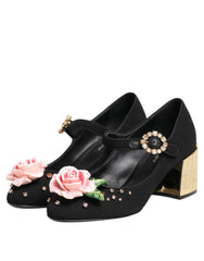 Dolce & Gabbana Black Flower Crystal Embellished Mary Jane Shoes - EU36/US5.5