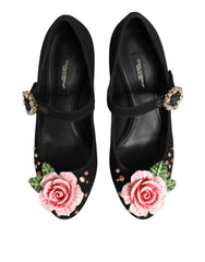 Dolce & Gabbana Black Flower Crystal Embellished Mary Jane Shoes - Heels