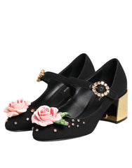 Dolce & Gabbana Black Flower Crystal Embellished Mary Jane Shoes - Heels