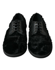 Dolce & Gabbana Black Fur Leather Lace Up Derby Dress Shoes - Shoes