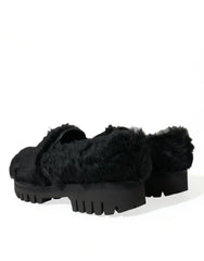 Dolce & Gabbana Black Fur Leather Slippers Dress Shoes - Flats