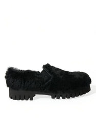 Dolce & Gabbana Black Fur Leather Slippers Dress Shoes - Flats