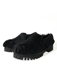 Dolce & Gabbana Black Fur Leather Slippers Dress Shoes - Flats