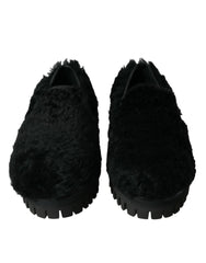 Dolce & Gabbana Black Fur Leather Slippers Dress Shoes - Flats