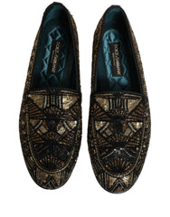 Dolce & Gabbana Black Gold Embellished Slip On Loafers Shoes - EU44/US11