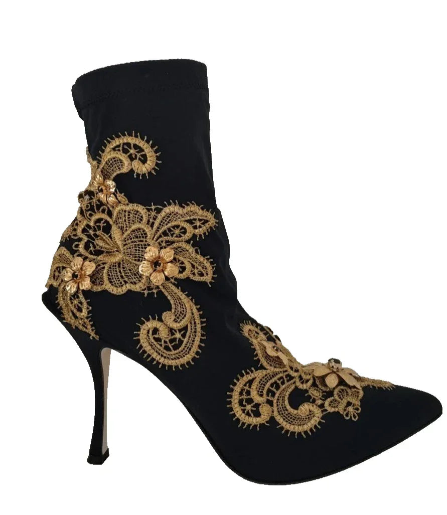 Dolce & Gabbana Black Gold Embroidery Crystal Boots Shoes - Boots