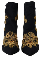 Dolce & Gabbana Black Gold Embroidery Crystal Boots Shoes - Boots