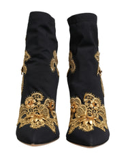 Dolce & Gabbana Black Gold Embroidery Crystal Boots Shoes - EU37/US6.5