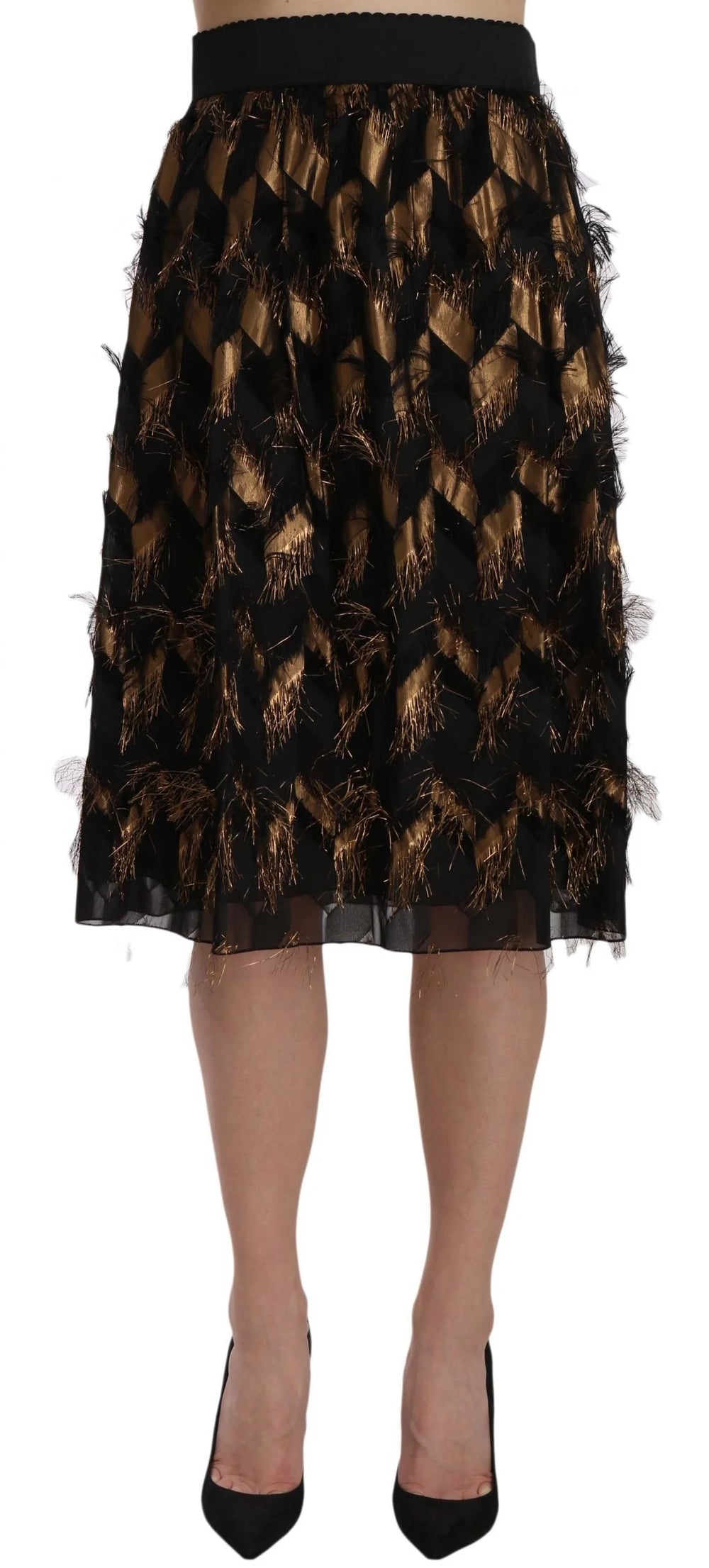 Dolce & Gabbana Black Gold Fringe Metallic Pencil A-line Skirt - IT44|L - Skirts