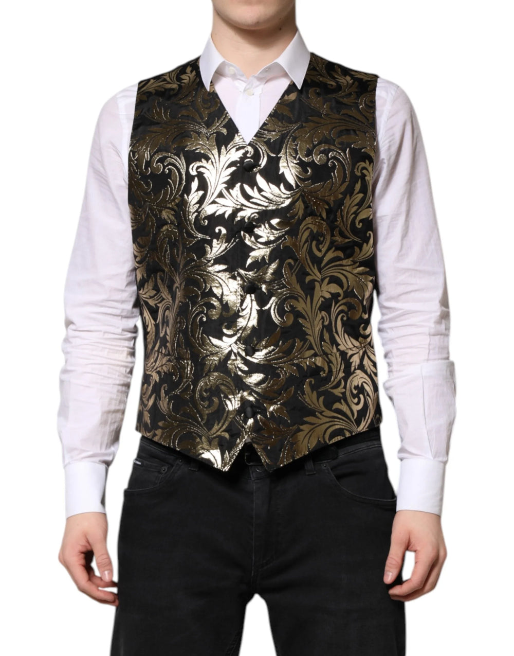 Dolce & Gabbana Black Gold Jacquard Formal Men Waistcoat Vest - IT50 | L - Vests