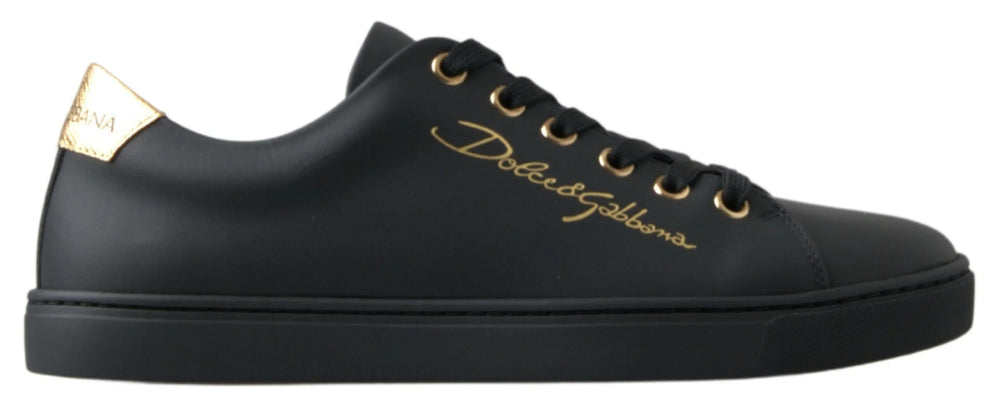 Dolce & Gabbana Black Gold Leather Classic Sneakers Shoes - Sneakers
