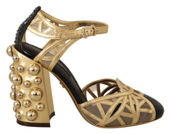Dolce & Gabbana Black Gold Leather Studded Ankle Straps Shoes - Heels