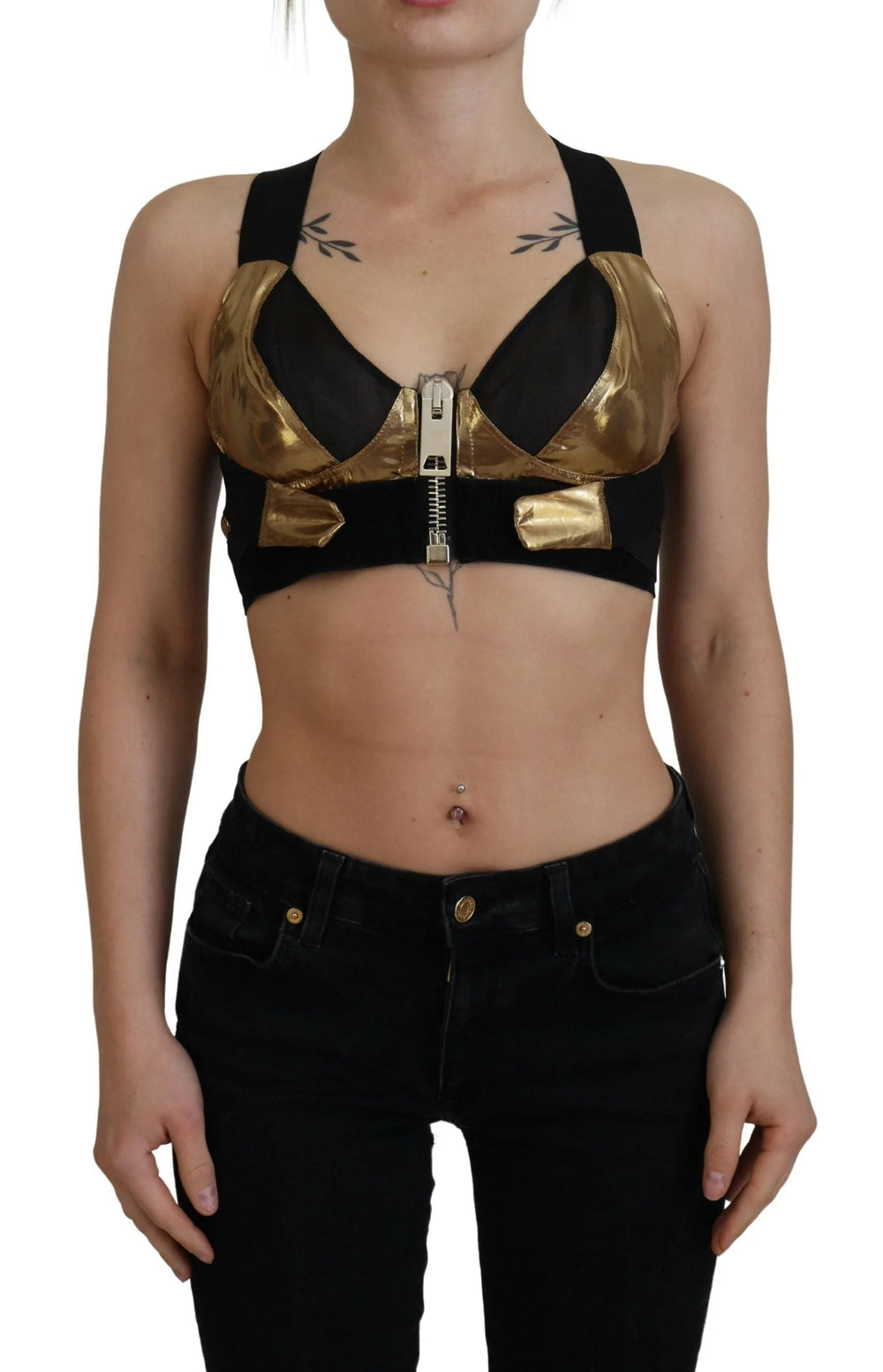 Dolce & Gabbana Black Gold Sleeveless Cropped Bustier Top - IT40|S - Tank Tops