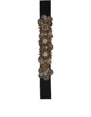 Dolce & Gabbana Black Gold Tone Crystal Brass Flower Brooches Belt - IT48|XXL