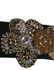 Dolce & Gabbana Black Gold Tone Crystal Brass Flower Brooches Belt - IT48|XXL