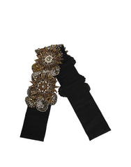 Dolce & Gabbana Black Gold Tone Crystal Brass Flower Brooches Belt - IT48|XXL