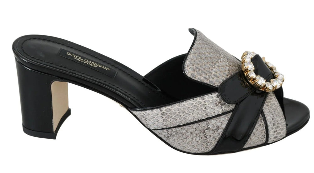 Dolce & Gabbana Black Gray Exotic Leather Crystals Sandals Shoes - Sandals