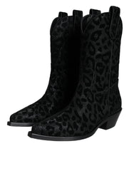 Dolce & Gabbana Black Gray Leopard Cowboy Boots Shoes - Boots