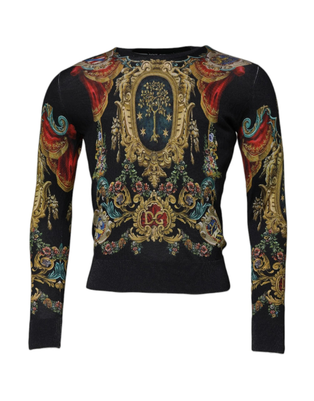 Dolce & Gabbana Black Heraldic DG Silk Round Neck Pullover Sweater - IT46 | S - Sweaters