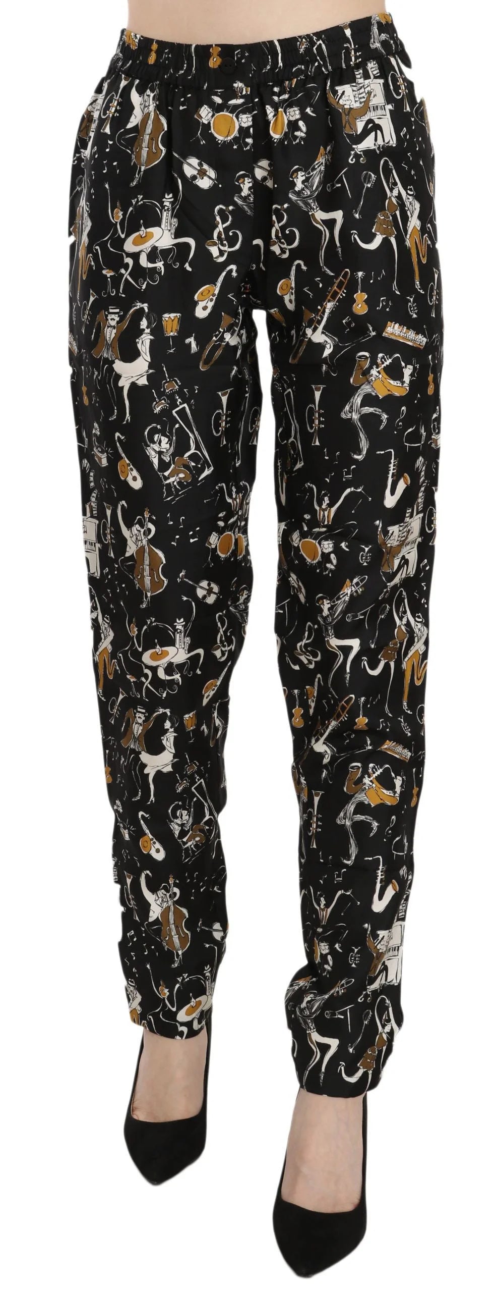 Dolce & Gabbana Black Jazz Club Print High Waist Tapered Pants - Trousers