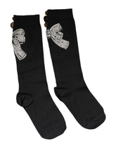 Dolce & Gabbana Black Knit Floral Crystal Embellishment Socks - Crew Socks