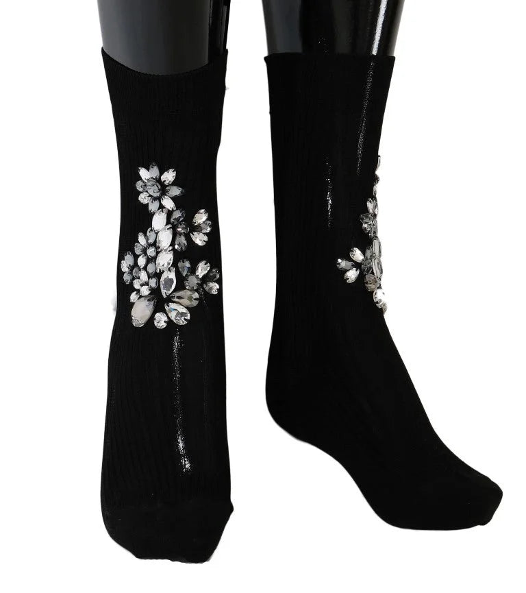 Dolce & Gabbana Black Knitted Floral Clear Crystal Socks - Hosiery