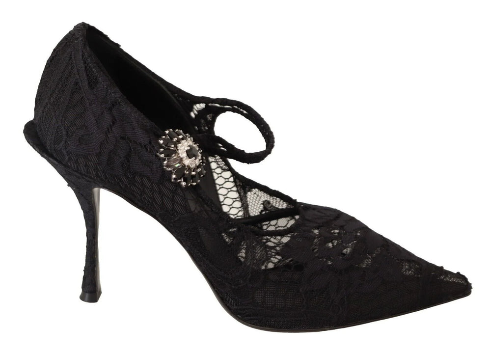 Dolce & Gabbana Black Lace Crystals Heels Mary Jane Pumps Shoes - EU38/US7.5 - Heels