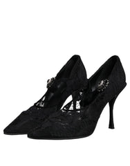 Dolce & Gabbana Čierne čipkované lodičky Mary Jane s kryštálmi - EU39.5/US9