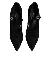 Dolce & Gabbana Čierne čipkované lodičky Mary Jane s kryštálmi - EU39.5/US9