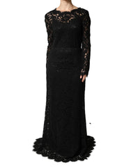 Dolce & Gabbana Black Lace Long Sleeves Cotton Maxi Dress - IT46|XL