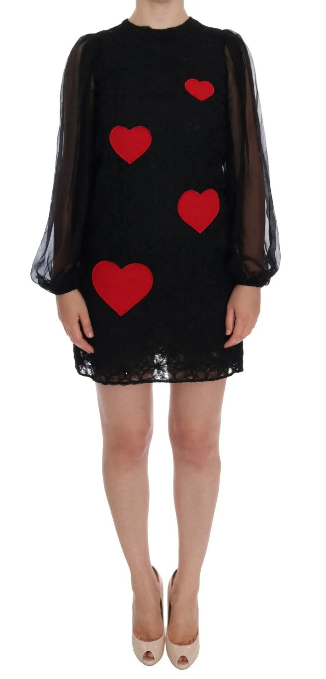 Dolce & Gabbana Black Lace Red Heart Shift Dress - IT36 | XS - Dresses