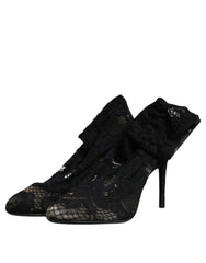 Dolce & Gabbana Black Lace Stretch Heels Mid Calf Boots Shoes - EU37.5/US7 - Boots
