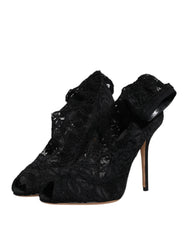 Dolce & Gabbana Black Lace Stretch Heels Mid Calf Boots Shoes - EU37/US7 - Boots