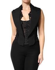 Dolce & Gabbana Black Lace V-neck Slit Hem Gathered Waist Vest Jacket - IT40|S