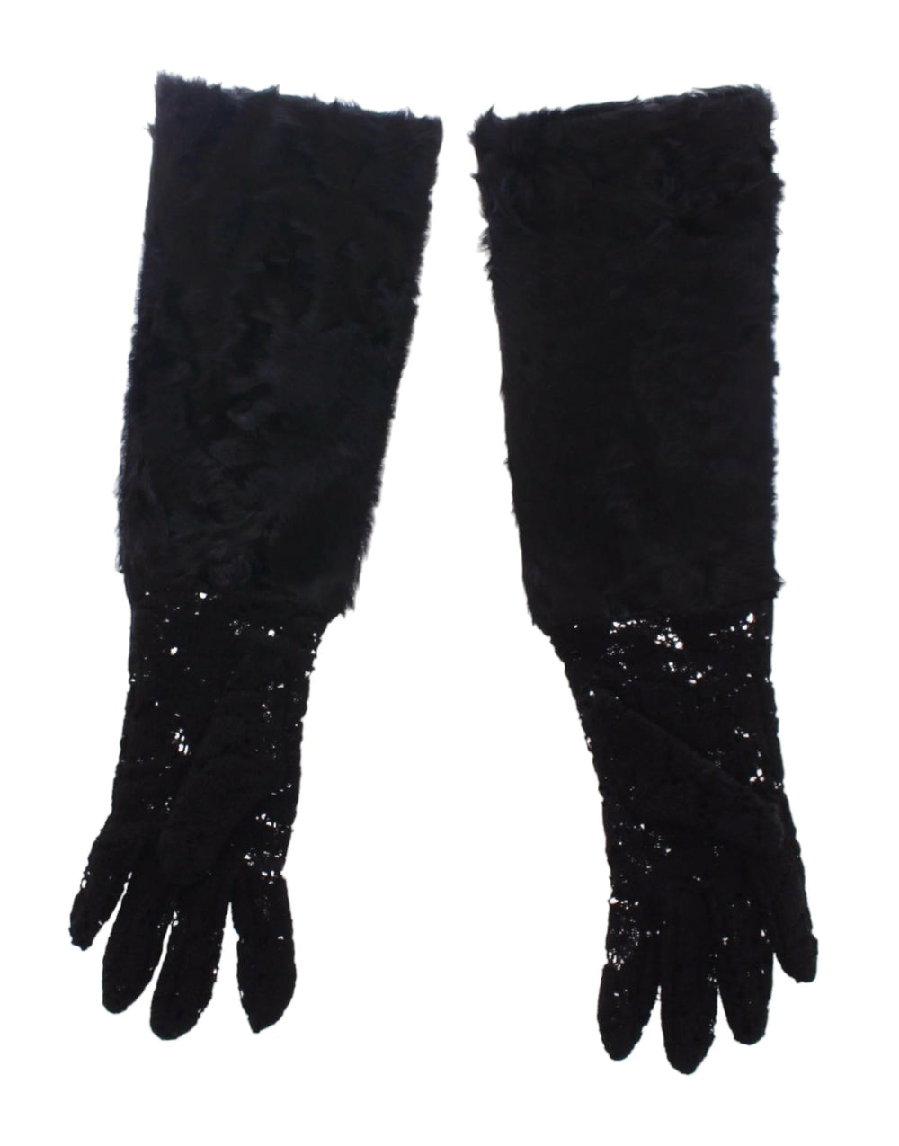Dolce & Gabbana Black Lace Wool Lambskin Fur Elbow Gloves - Gloves & Mittens
