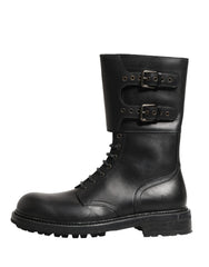 Dolce & Gabbana Black Leather Belted Buckle Combat Boots Shoes - EU44/US11