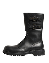 Dolce & Gabbana Black Leather Belted Buckle Combat Boots Shoes - EU44/US11
