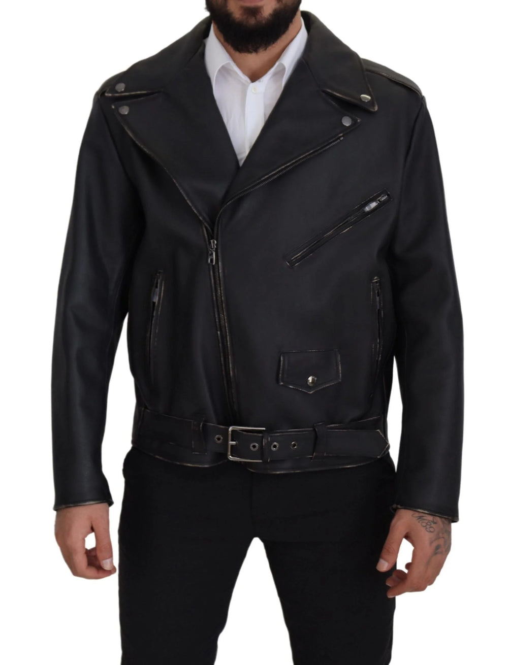 Dolce & Gabbana Black Leather Biker Coat Zipper Jacket - IT46 | S - Motorcycle Outerwear