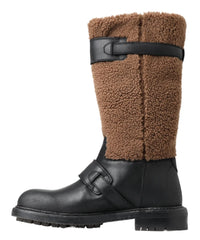 Dolce & Gabbana Black Leather Brown Shearling Boots - Boots