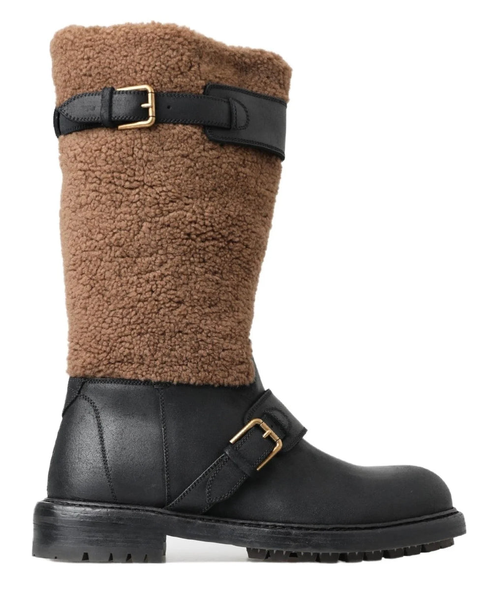 Dolce & Gabbana Black Leather Brown Shearling Boots - Boots